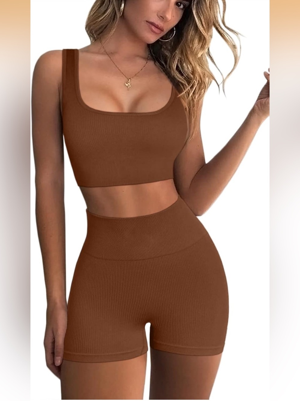 Two-Piece Active Crop Top & Short Set in Brown